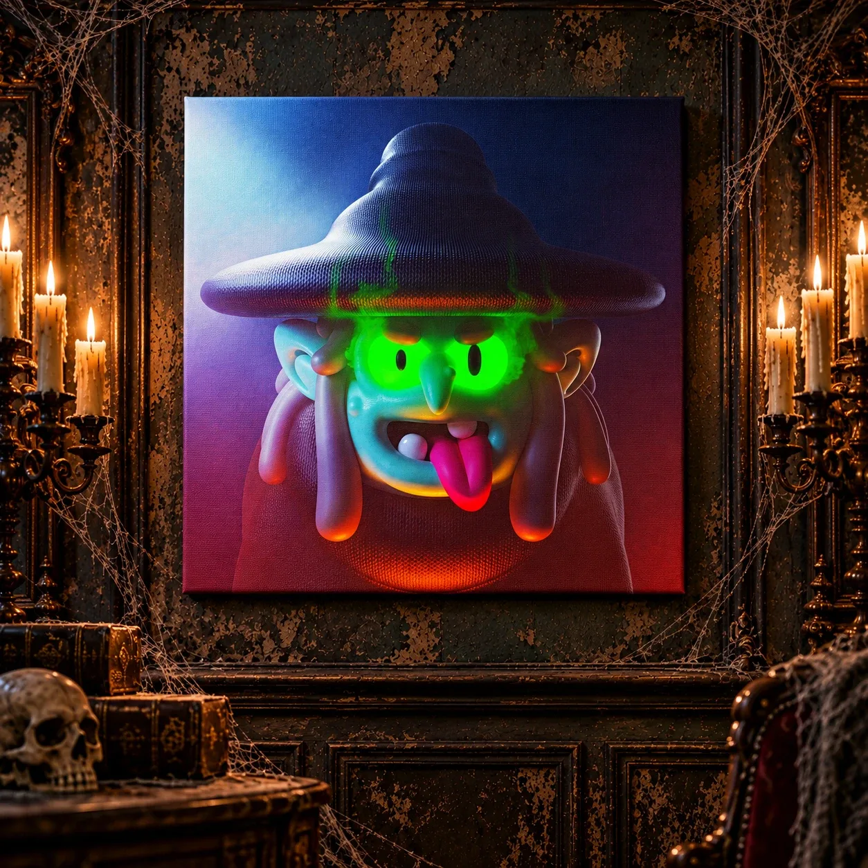 Henrietta the witch: a blue-skinned witch with glowing green eyes and a wide hat, sticking her tongue out. Canvas print hanging on a candlelit wall.
